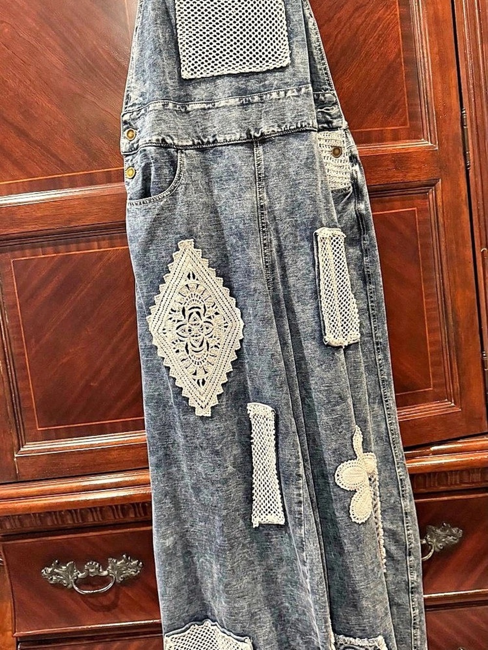 POL Crochet Patchwork Denim Overalls Size Medium